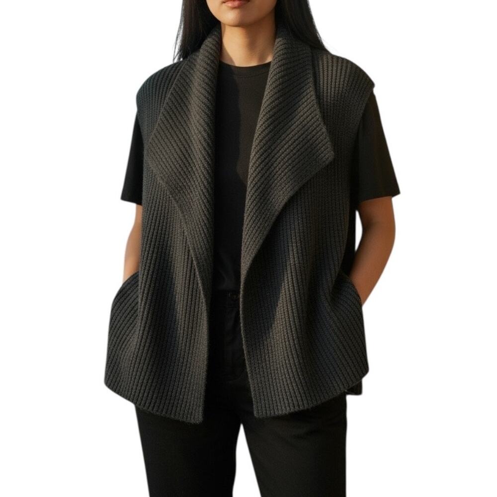 LOFT Draped Sleeveless Cardigan Vest XS Gray Waterfall Open Front Knit